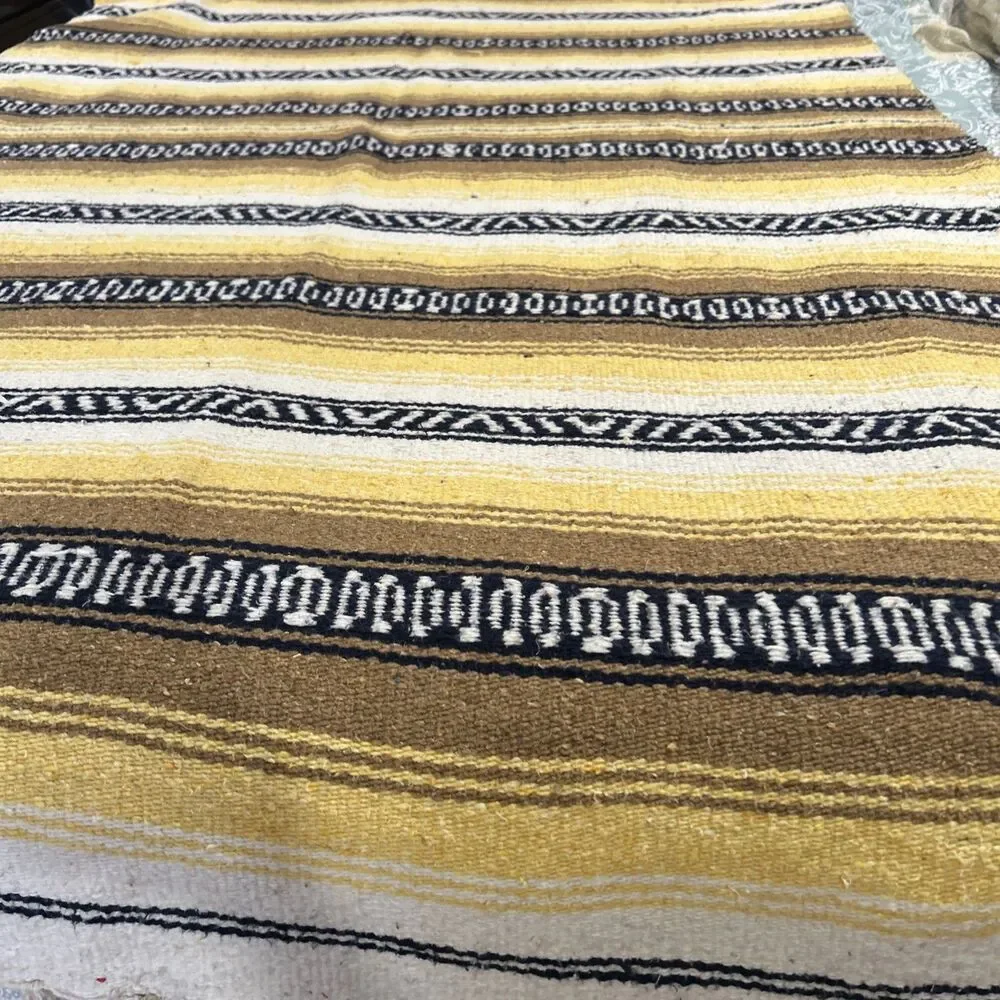Traditional FALSA Mexican Hand Woven Sarape Throw Yellow, Black, Beige 53” X 86”